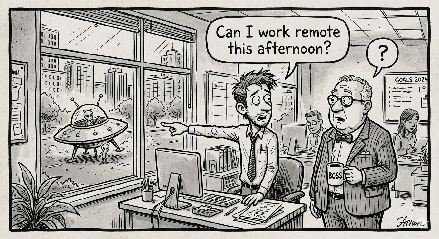Office cartoon: employee points at alien spacecraft landing outside window and asks boss 'Can I work remote this afternoon?'