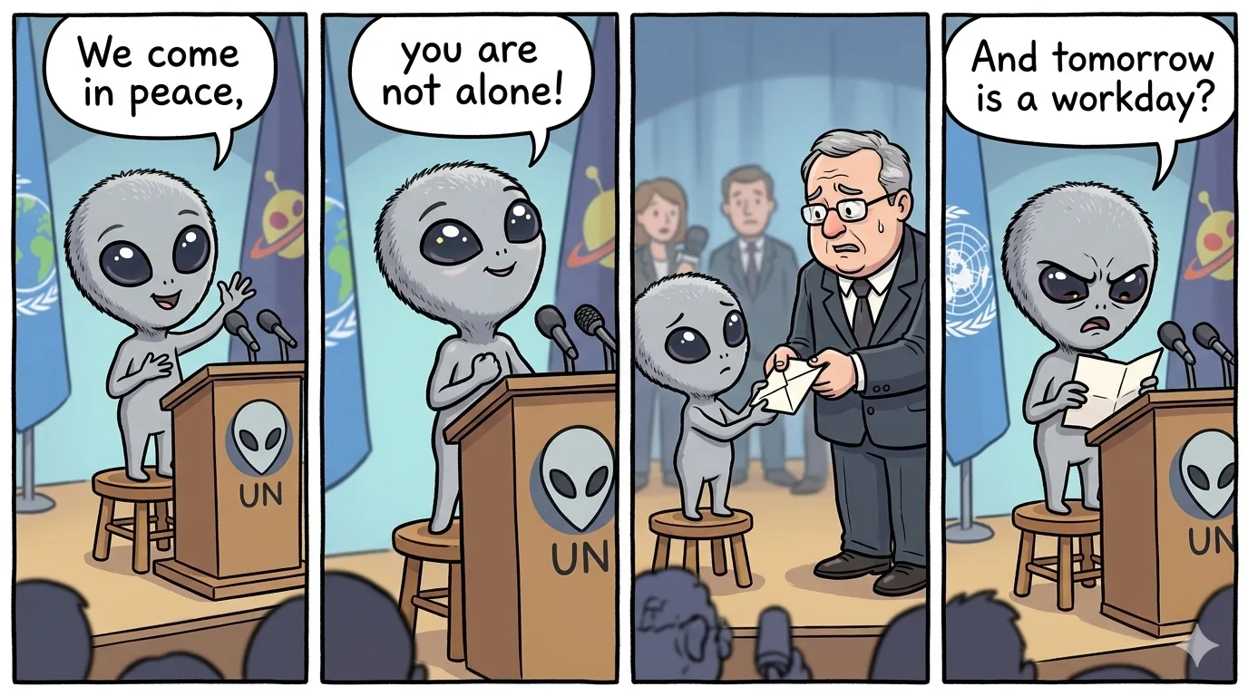 Four-panel comic: aliens at the UN podium say 'We come in peace' and 'you are not alone!' — the third alien looks at a paper and asks 'And tomorrow is a workday?'
